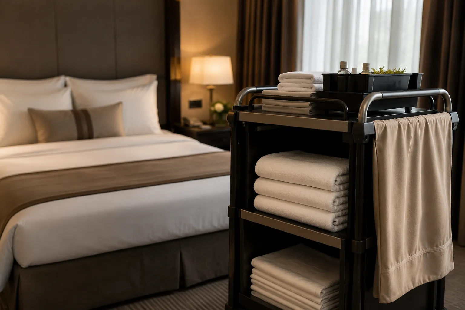 Housekeeping cart in a hotel room
