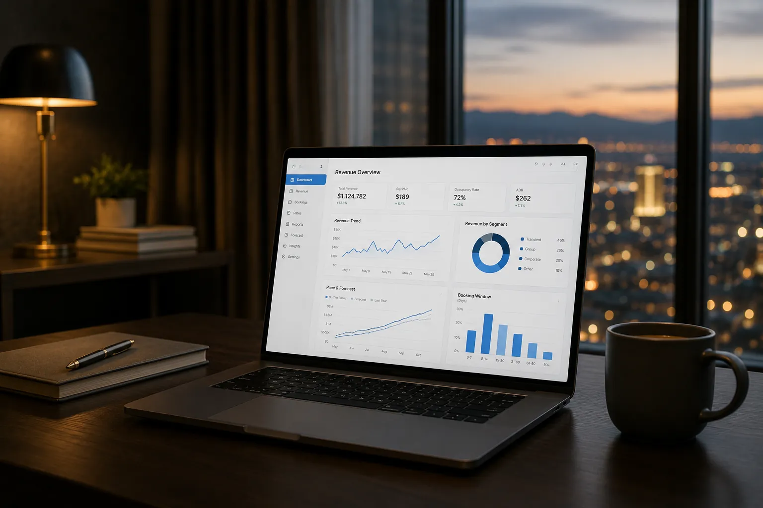 Revenue dashboard on a laptop overlooking a city