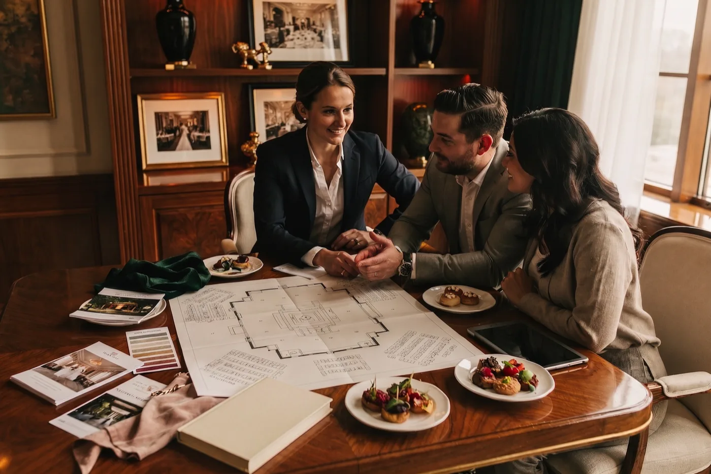 A wedding consultation over a ballroom floor plan at a luxury hotel