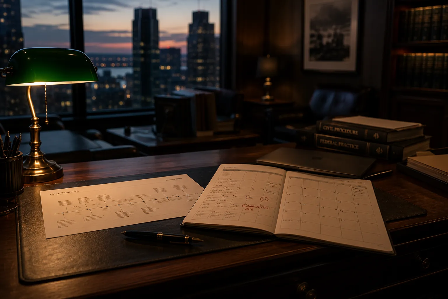Docket diary open on a desk with a date circled