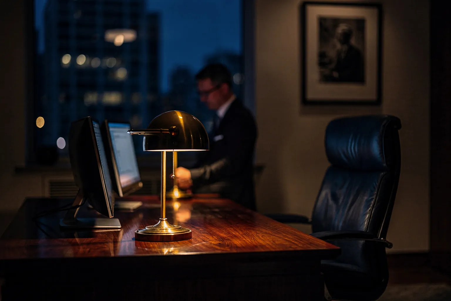 Ledger and statements under a desk lamp